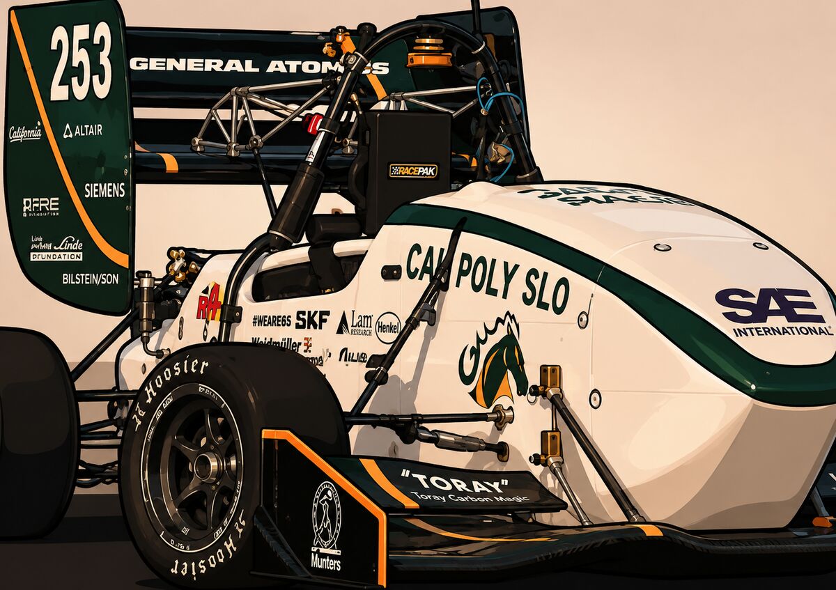Cal Poly Racing Formula SAE car 253, side view, showing the rear wing, sidepod and front suspension.